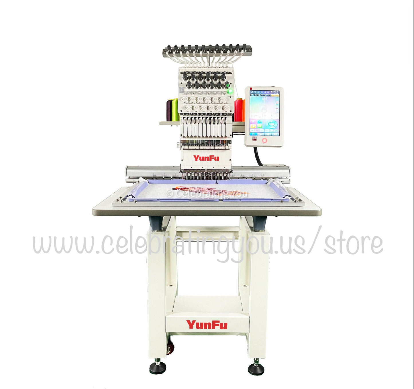 YungFu 15 Needle Compact Commercial Embroidery Machine up to 1200 RPM Speed with a 10" Color LCD Touch Screen