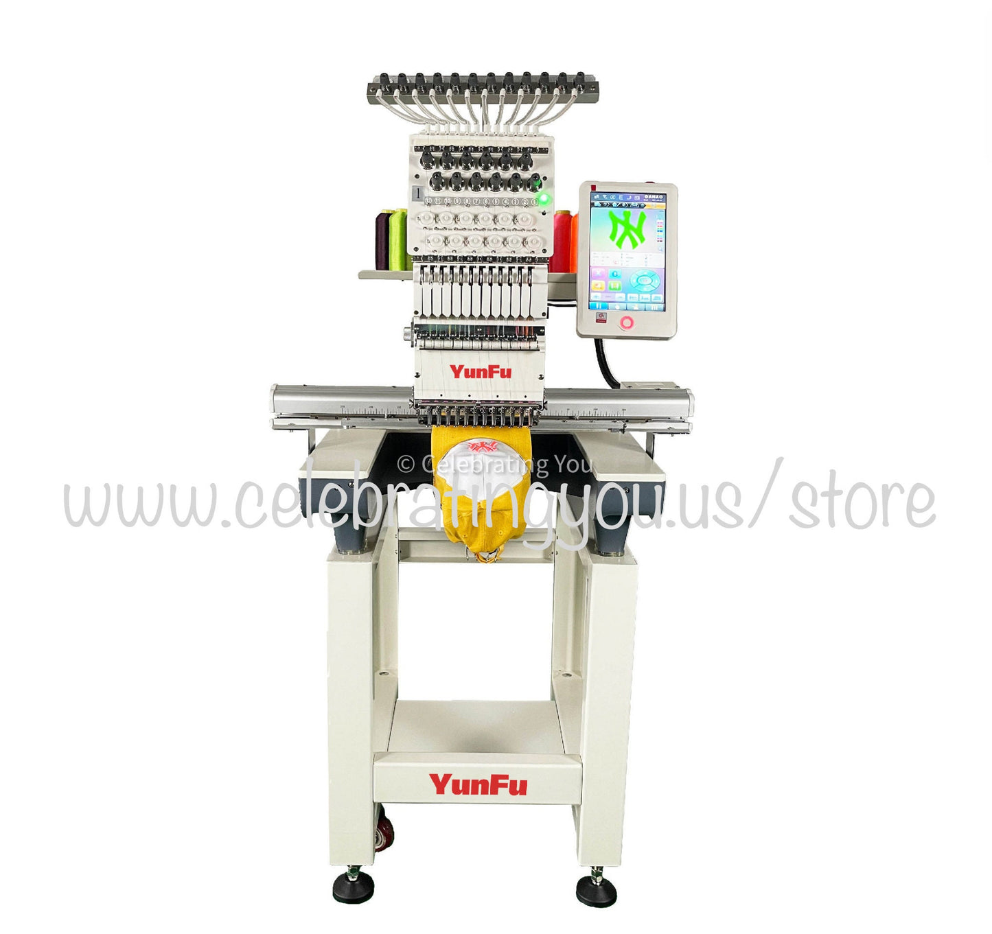 YungFu 15 Needle Compact Commercial Embroidery Machine up to 1200 RPM Speed with a 10" Color LCD Touch Screen