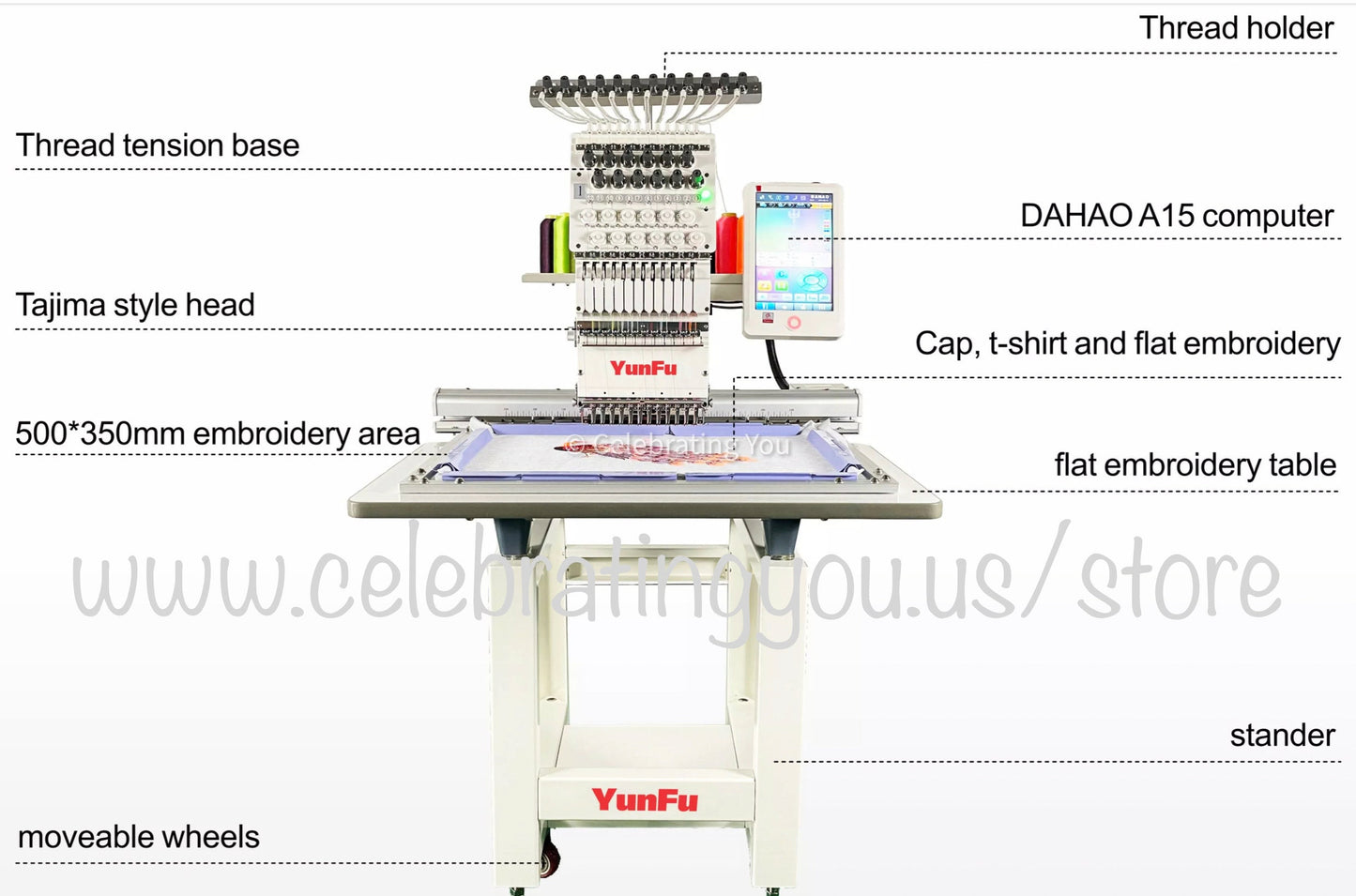 YungFu 15 Needle Compact Commercial Embroidery Machine up to 1200 RPM Speed with a 10" Color LCD Touch Screen