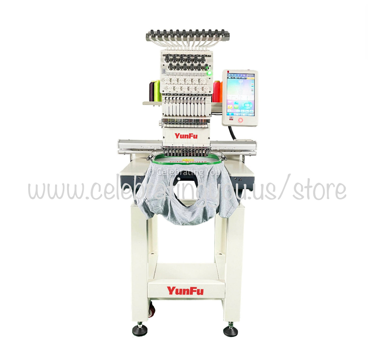 YungFu 15 Needle Compact Commercial Embroidery Machine up to 1200 RPM Speed with a 10" Color LCD Touch Screen