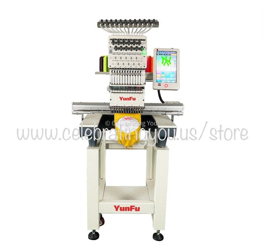 YungFu 15 Needle Compact Commercial Embroidery Machine up to 1200 RPM Speed with a 10" Color LCD Touch Screen